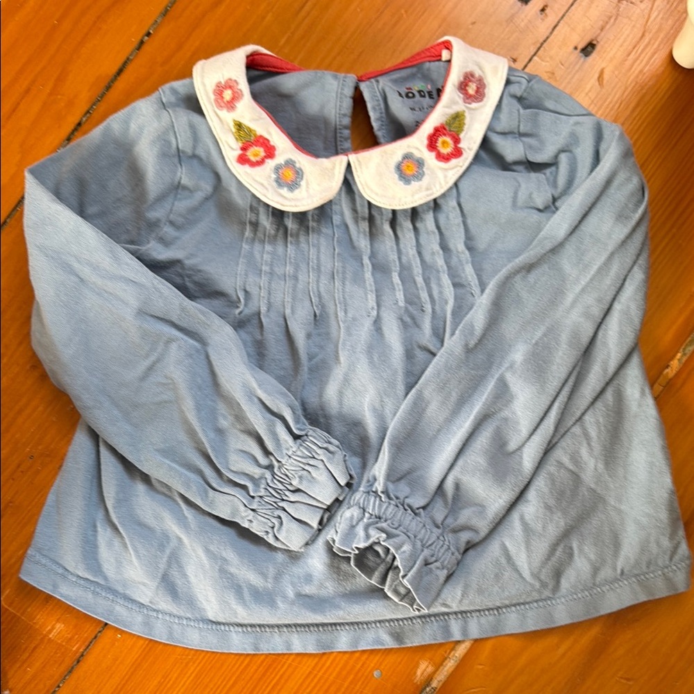 MiniBoden Girl’s Blue Long-Sleeve Top with Floral Collar 2-3years